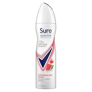 Sure Nonstop Protection Watermelon Fresh Anti-Perspirant Aerosol Women’s Deodorant Spray with Body Heat Activated tech. and a watermelon & cactus scent for 72 hour odour and sweat protection 150 ml