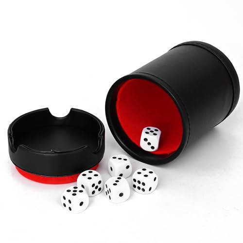 UIEAUY Dice Cup with Lid PU Leather and Felt-Lined Quiet Shaker for Yahtzee Farkle Dice Board Games Set of Six 16mm Dice Included (Black-Lid)