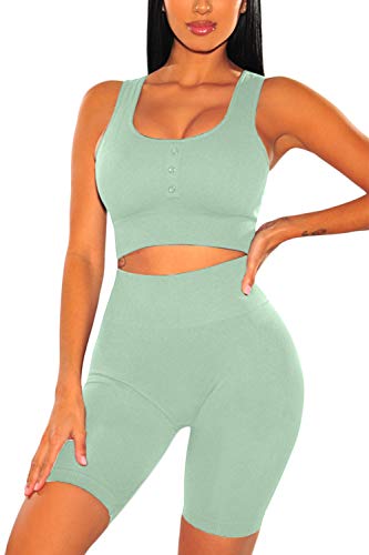 Meyeeka Women's Workout Outfit 2 Pieces Seamless Yoga Leggings Sports Bra Gym Clothes Set S Green