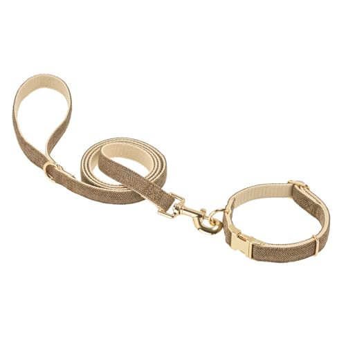 YUDOTE Tweed Dog Collar and Lead Set,Metal Buckle,Adjustable Durable Cotton Puppy Collar and Lead For Wedding Dog Wear, Dogs Neck 25-38cm,Lead 1.5 * 150cm Brown