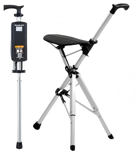 TUIYIDUO 杖 ステッキチェア 折りたたみ杖 耐荷重120kg 高さ84cm 三脚 杖椅子 ワンタッチで変わり 軽量 アルミニウム 折り簡単 携帯便利 ハイキング アウトドア 行列 登山 散歩 お釣り お年寄り 敬老の日 誕生日 組立不要（13.5*8*84cm）