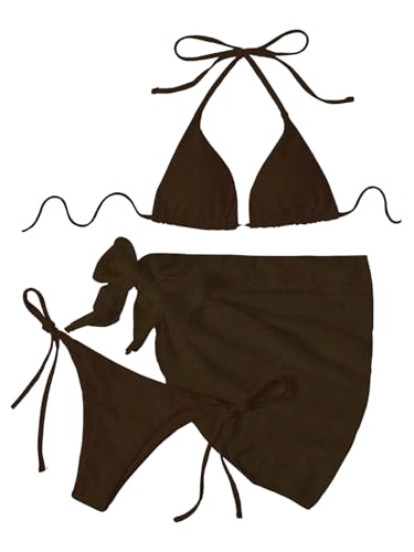 WDIRARA Women's 3 Piece Bathing Suit Triangle Bikini Swimsuit Halter with Cover Up