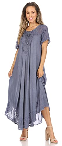 Image of Sakkas Egan Long Embroidered Caftan Dress /Cover Up with Embroidered Cap Sleeves