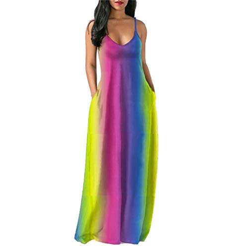Dress for Women Rainbow Printed Sleevelss V Neck Strappy Backless Pleated Hem Flowy Long Sundress Casual Beach Party Holiday Maxi Dresses with Pockets (XXL, Pink)