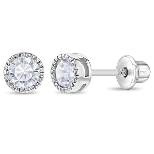 925 Sterling Silver Beautiful 5mm Round Bezel-Set Cubic Zirconia Stud Earrings with Locking Screw Backs - Excellent for Baby Girls and Toddlers for All Occasions