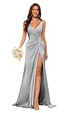 YMSHA Women's Ruched Waist Bridesmaid Dresses with Slit Long Mermaid Pleated Evening Party Dress V Neck Maxi Dress for Wedding 8 Silver
