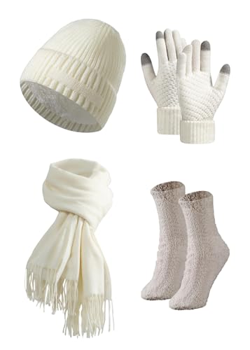 Winter Sets for Women - 4-Piece Knit Hat, Scarf, Gloves & Socks, Warm Hat and Scarf Set for Women, Soft Winter Sets for Men with Elastic Fit