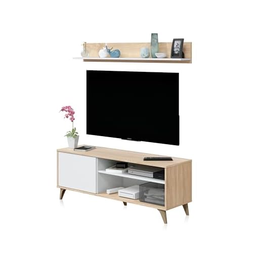 Habitdesign Modulo TV con Estante, Mueble de Salon, Juego de Muebles, Modelo Kikua Plus, Acabado en Blanco Artik y Roble Canadian, Medidas: 135 cm (Ancho) x 50 cm (Alto) 40 cm (Fondo)