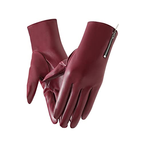 SJYDQ Invierno para Mujer, Pantalla táctil cálida, vellón Fino no hinchado, Cuero PU, Impermeable, Moda, Cremallera, Guantes de conducción para Ciclismo (Color : Red, Size : S Code) Cover