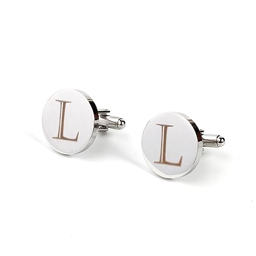 Image of Mens Initial Silver Cufflinks A-Z Alphabet Letter Steel Cuff Links with Engraved Walnut Wood Box Groom Groomsman Wedding Set