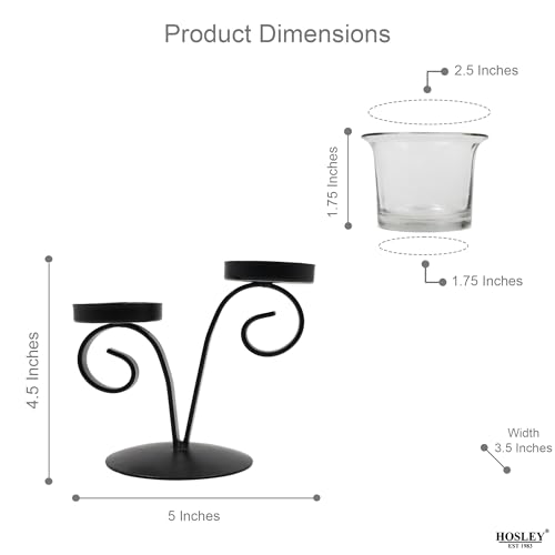 Image of HOSLEY Clear Glass Tealight Candle Holders|Black Tealight Candle Holders With Glass Holders Perfect For Home Decor Tabletop Centerpiece| Pack Of 1 With Pack Of 2 Tealights, Black Matty
