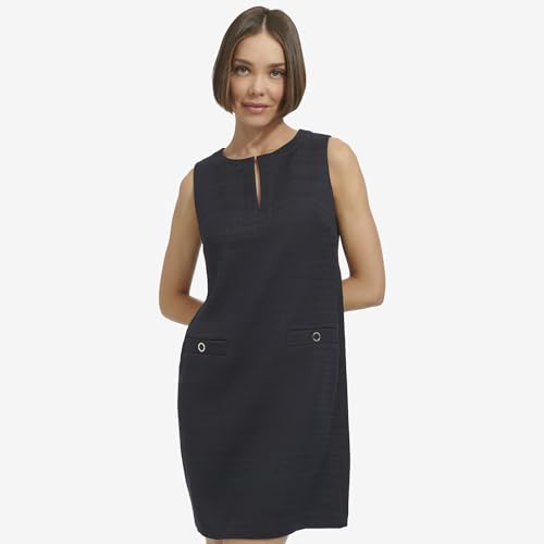 Image of Tommy Hilfiger Women's Sleeveless Split Neck Solid Hopsack Weave Dress