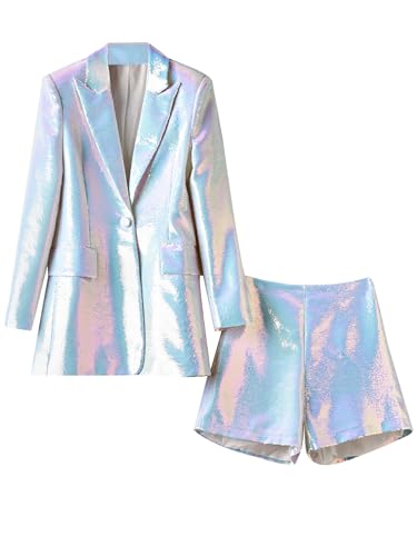 Women Sequin Blazer and Short Set 2 PC Slim Fit Notch Lapel Prom Party Glitter Suit