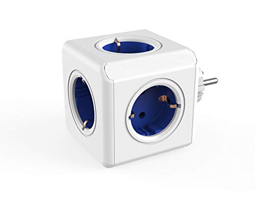 Dr. Bott tomada multi-cubo original, adaptador de viagem com 5 tomadas não sobrepostas e ladrão de secretária sem cabo, estilo Schuko de 230 V, azul / branco