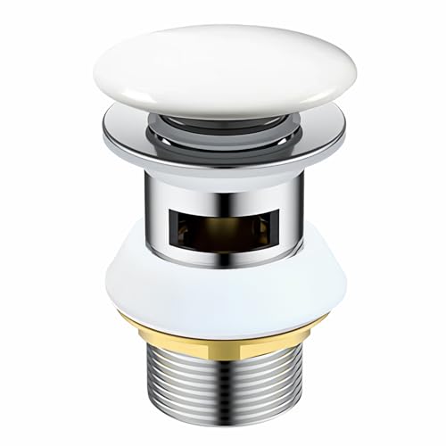 Chrom Ceramic Universal Ablaufgarnitur für Waschbecken & Waschtisch Modernes Pop-Up Click Clack Ventil - Ablaufventil mit Überlauf, G 1¼ für Waschbecken Waschtisch,Edelstahl (Silbrig Überlauf)