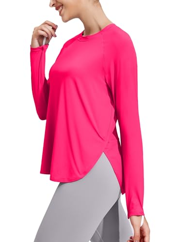 PINSPARK Camisetas femininas para treino de manga comprida com absorção de umidade, ioga, caminhada,