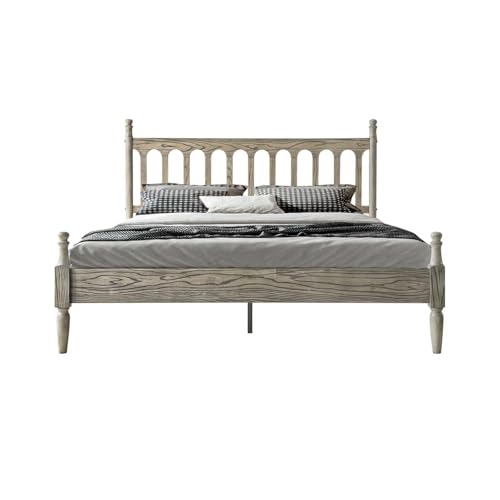 Queen Size Bed Frame, Solid Wood Platform Bed with Headboard & Footboard, Central Metal Legs, 12 Sturdy Slatted Base, Anti-Noise & Slip-Free, No Box Spring Needed, Weathered Gray Oak Finish WCQ-34