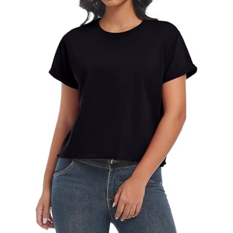 Nfsion Women's Summer Casual Workout Shirts Loose Fit Basic Short Sleeve Crop Tops Baggy Gym Yoga Athletic Tee Medium Black Cover