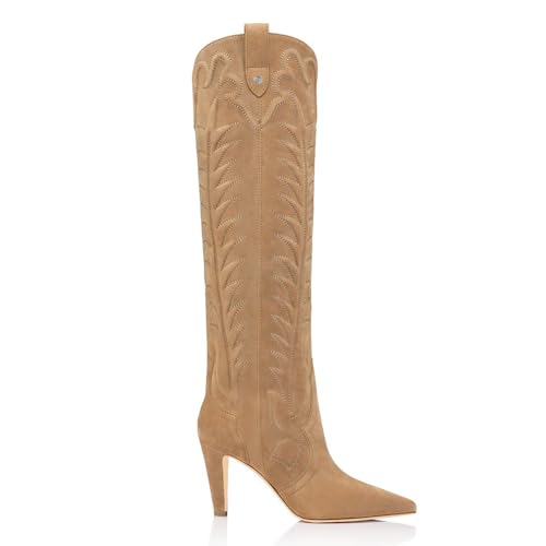 Women's Embroidered Knee High Boots Suede Block High Heel Western Cowboy Long Booties Pointed Toe Pull On Riding Boots for Women Ladies Fahion Dress Tall Boots2