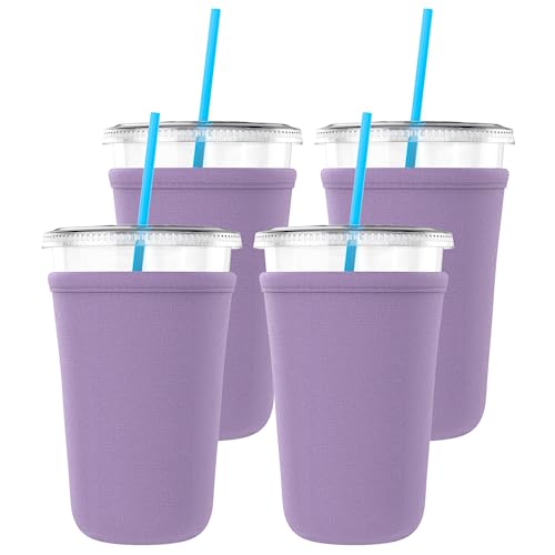 TahoeBay Iced Coffee Cold Cup Sleeve (4-Pack) Reusable Blank Neoprene Insulator Drink Sleeves 22oz - 24oz Beverage Holder for Vinyl Sublimation fits Dunkin' Medium and Starbucks Venti (Lavender)