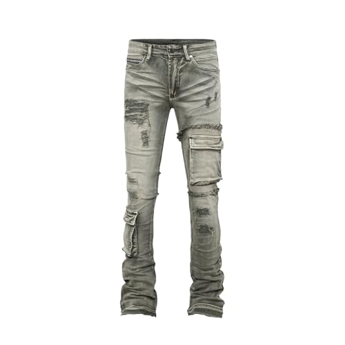 Men's Trendy Dyed Distressed Elastic Mid Waist Workwear Pocket Jeans