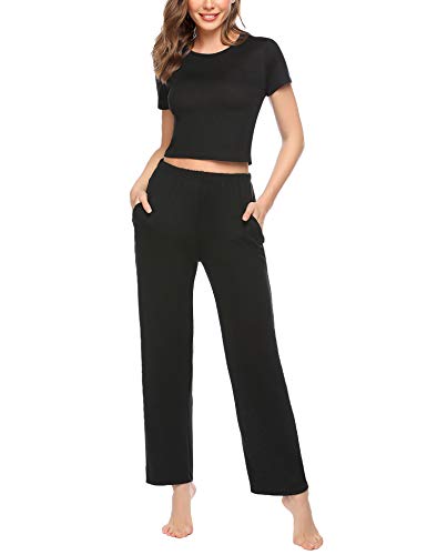 Ekouaer Women Pajama Set Short Sleeve Sleepwear Soft Pj Tops and Pants Casual Nightwear Outfits Tracksuit Sets Pockets XXL Black