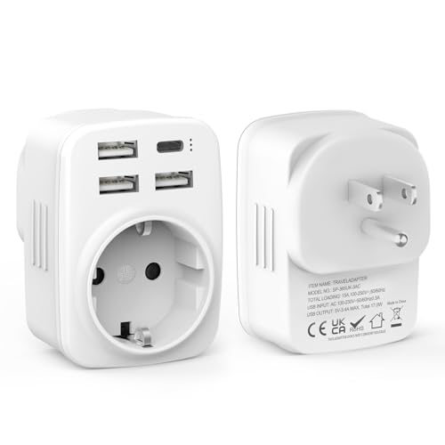 Clomnpe Adaptador Enchufe USA, 2 Piezas Adaptador Enchufe Europeo/Español a Americano con 3 USB y 1 USB-C, Estados Unidos Plug Tipo B, para turistas Que viajan a EEUU, México, Canadá y Tailandia