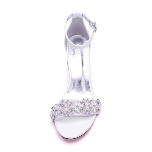 Image of Pearl Wedding Shoes for Bride Block Heel Wedding Sandals Open Toe Bridal Heels