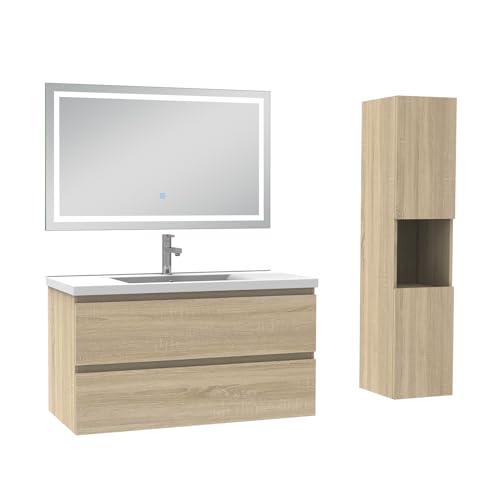 AICA Ensemble Meuble Salle de Bain 100cm avec Colonne et Miroir 3 Couleurs Chêne Wotan