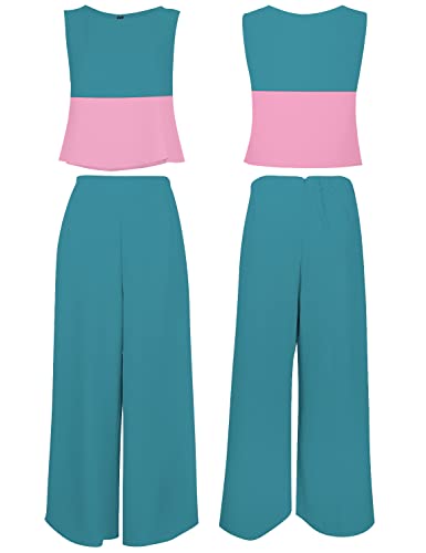 Roylamp Women's Summer 2 Piece Outfits Crop Top Cropped Wide Leg Pants Set Business Petite Jumpsuits Contrast Blue L #TOP4