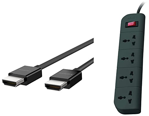 Image of Belkin Ultra HD High Speed HDMI Cable, Supports 8K and 4K, HDMI 2.1 Certified, Dolby Vision (Black) & Essential Series 4-Socket Surge Protector Universal Socket with 5ft Heavy Duty Cable (Grey)