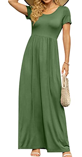 Image of DB MOON Womens 2026 Summer Maxi Dresses Casual Short Sleeve Empire Waist Spring Long Dress with Pockets