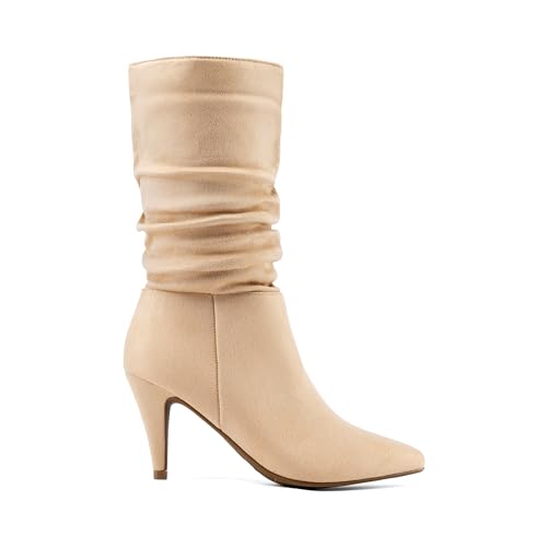 DREAM PAIRS Women's High Heel Mid Calf Boots Slouchy Pointed Toe Fall Boots,Size 8,Nude/Suede,KIMLY
