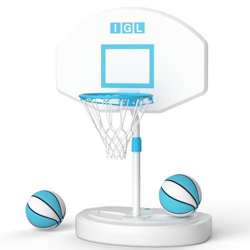 IGL Pool Basketball Hoop Poolside, Height Adjustable Swimming Basketball Hoop Outdoor for Pool, Anti-rust Stainless Steel Rim, Portable Basketball Goal System, Fillable Base, Includes 2 Balls and Pump