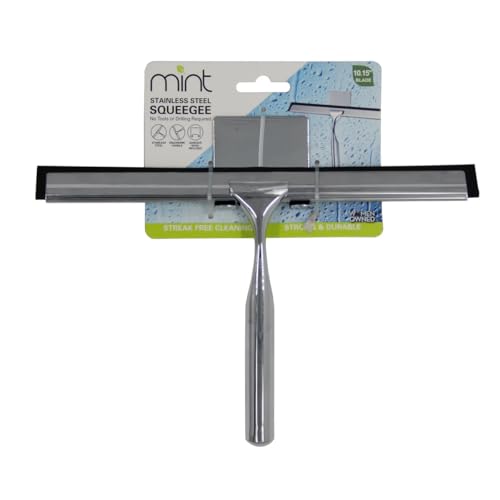 Image of J&V TEXTILES All-Purpose Stainless Steel Shower Squeegee for Glass Doors with Adhesive Hooks, Squeegee for Shower Glass, Bathroom Household Cleaner Tool, 10 Inch (Silver)