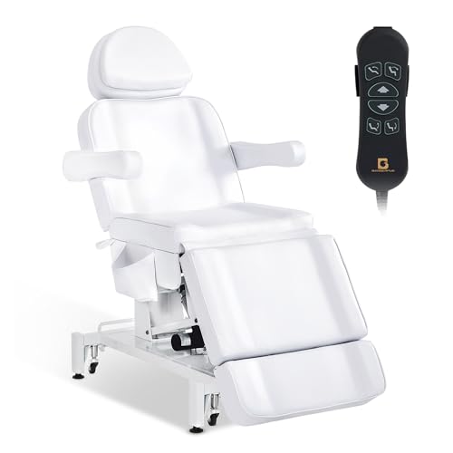 Barberpub Kosmetikliege Elektrisch mit 3 Motoren & Rollen, Massageliege Klappbar & 16CM Höhenverstellbar, 180°Drehbare Armlehnen, Tattoo Liege für SPA Salon 0754 (Weiß/Kunstleder)