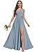 JKMMYO Lilac Bridesmaid Dresses for Wedding Long Slit Chiffon Off The Shoulder Formal Evening Gown with Pockets Size 10