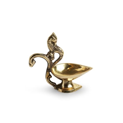Image of ExclusiveLane 'Peacock' Brass Table Diya for Puja Room Mandir (Pure Brass, 1 Wick, 4.3 Inches, 18 ML, 0.2 Kg)| Brass Diya for Puja Room Brass Ghee Diya for Puja Aarti Diya Table Diya for Home