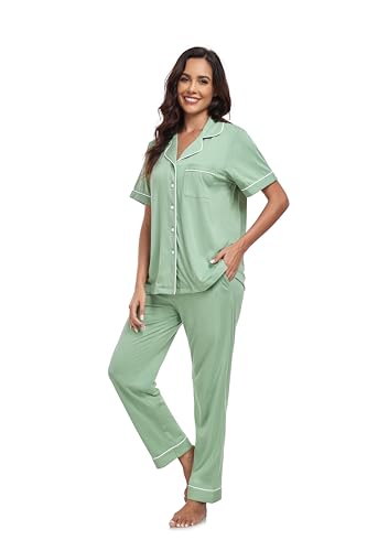 Image of COLORFULLEAF Women's 100% Cotton Pajamas Set Button Down Sleepwear Short Sleeve Shirt and Long Pants Soft Ladies Lounge Sets