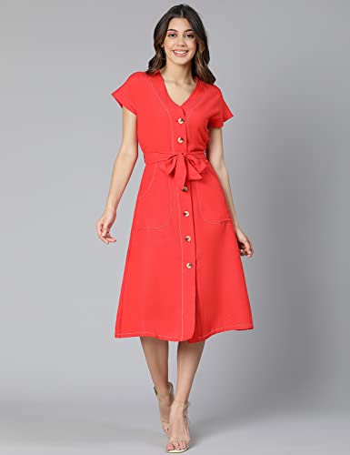 Image of oxolloxo Women Cotton Shirt Regular Sleeves Solid Party Dress