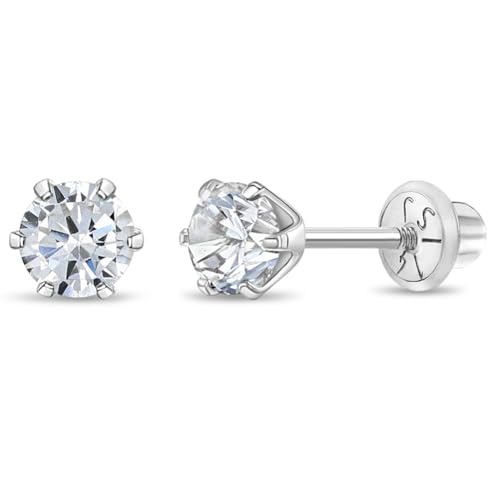 14k White Gold 4mm Baby Girl's Round Simulated Birthstone Prong Setting Screw Backs for Infants & Toddlers - Elegant Round Stud Cubic Zirconia Earrings For a Girls Birthday