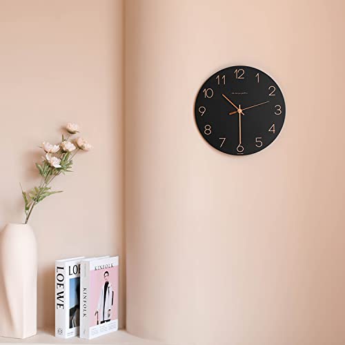Image of mooas Flatwood Wall Clock (Black),12 inch Non-Ticking Sweep Movement | Decorative Modern Battery Operated Decorative Wall Clock for Home Living Room Kitchen Bedroom Office School Cafe Hotel