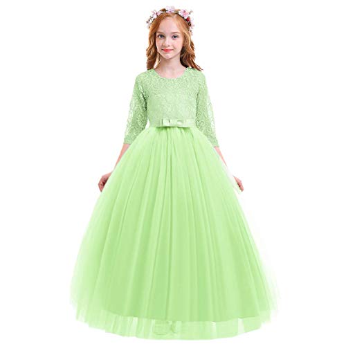 Image of Girls Flower Vintage Floral Lace 3 /4 Sleeves Floor Length Dress Wedding Party Evening Formal Pegeant Dance Gown
