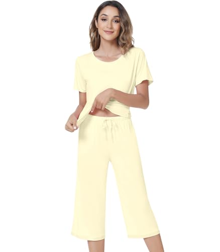 Image of NACHILA Pajamas for Women-Viscose Made from Bamboo,Satin Crew Neck Pajama Sets Short Sleeve Pjs with Capri Pants