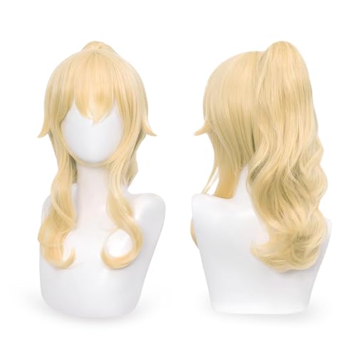 YONGCANWIG Cute Halloween Wavy Blonde Ponytail Wig for Cosplay 2 Hair Caps + Golden Long Wigs Princess Hair Synthetic with Pigtails Bangs Party Hairpiece for Women and Teen Girls