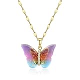 HOLINSE Butterfly Necklace for Women - Fairy Cubic Zirconia Butterfly Pendant Necklaces Titanium Steel (Gold Pink)