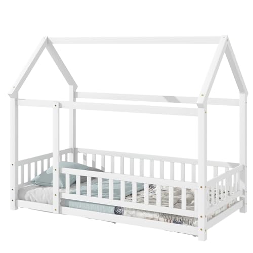 Twin-Size-Floor-Wooden-Bed-with-House-Roof-Frame-Fence-GuardrailsWhitePine Twin Size Floor Wooden Bed with House Roof Frame Fence GuardrailsWhitePine