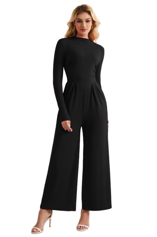 Sukiglam Tuta Da Donna Elegante Manica Lunga Scollo Mock Jumpsuit Aderente Casual Monopezzi Tutine con Cerniera Gamba Larga Pantaloni Lungo Completo con Tasche Slim Fit Tute Intera Cerimonia Overall