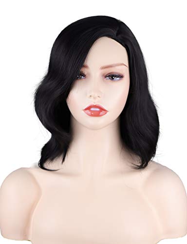 12 Inch Black Wavy Wigs Side Part Short Black Curly Wigs Women’s Short Wigs Black Color Synthetic Cosplay Wig Black Bob Wig For Girl Costume Wigs Black Color(Natural Black)