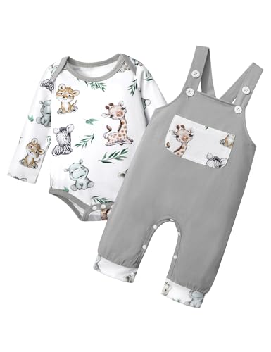 Image of BAVADER Baby Boy Clothes Long Sleeve Animal Plaid Romper + Overalls Infant Boy Clothes 2PCS Fall Winter Outfits